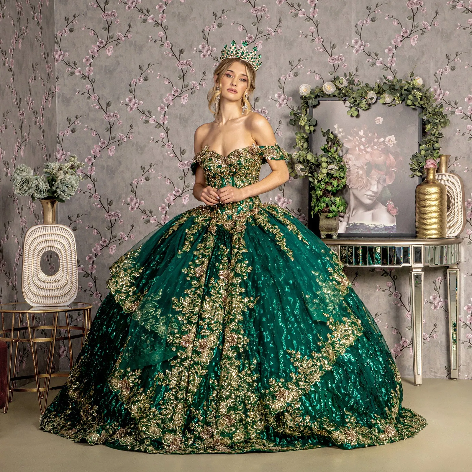 Applique Glitter Off Shoulder Ball Gown by GLS Gloria GL3477