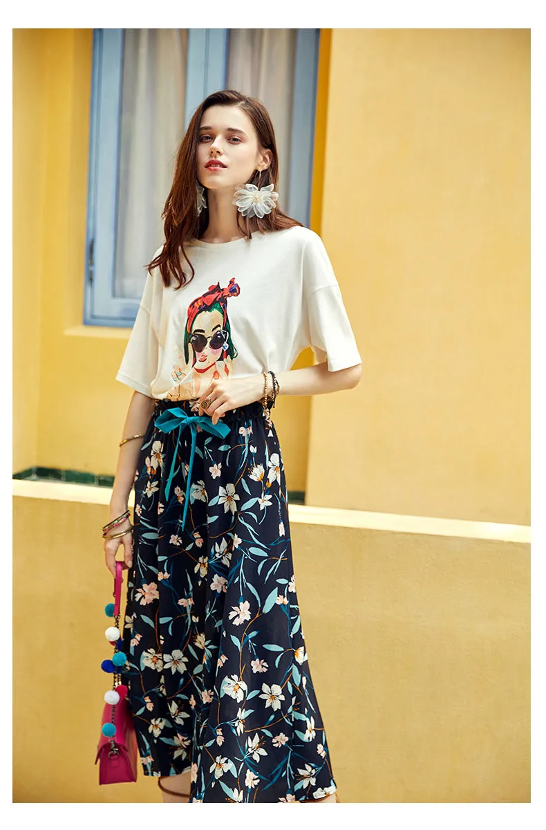 ARTKA MIDI TEA SKIRT IN BLACK FLORAL PRINT