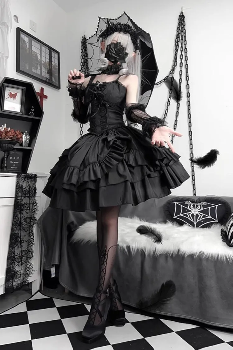 Black [Butterfly Officer] Triple-Layered Ruffle Bowknot Lace-Up Gothic Lolita Skirt Set