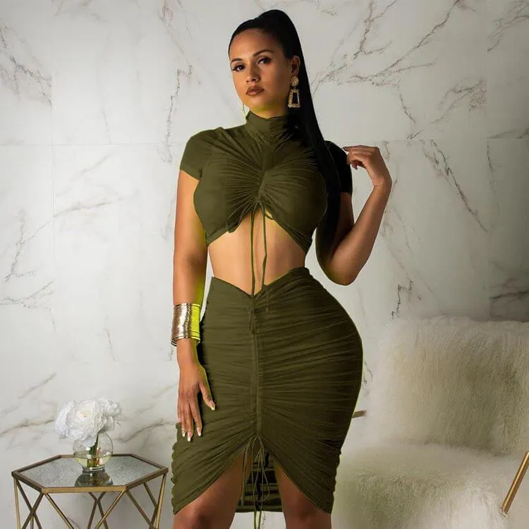 Bright Color Bodycon High Neck Drawstring Skirt Sets