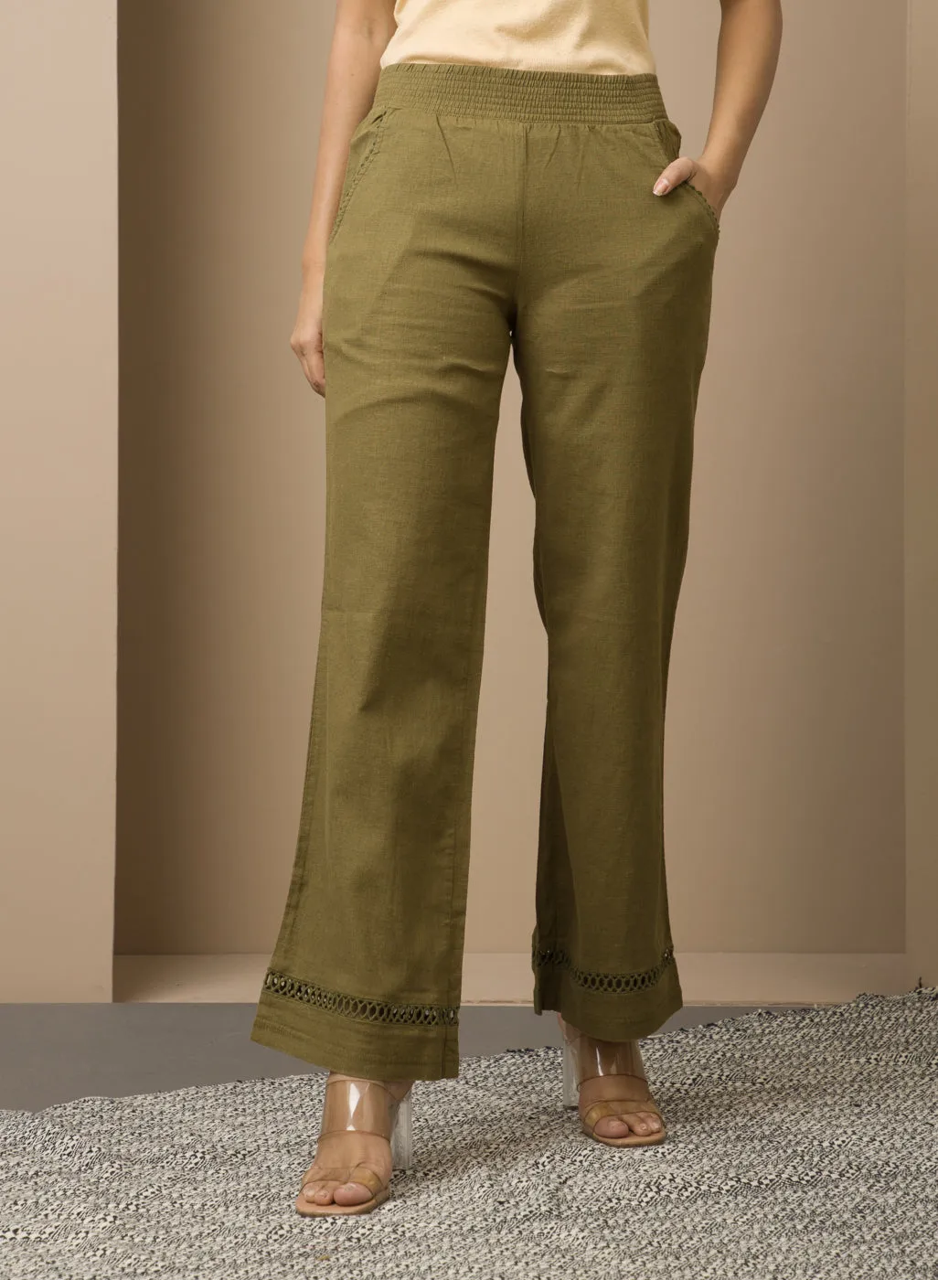Haya Salmon Green Cotton Linen Classic Fit Pants for Women