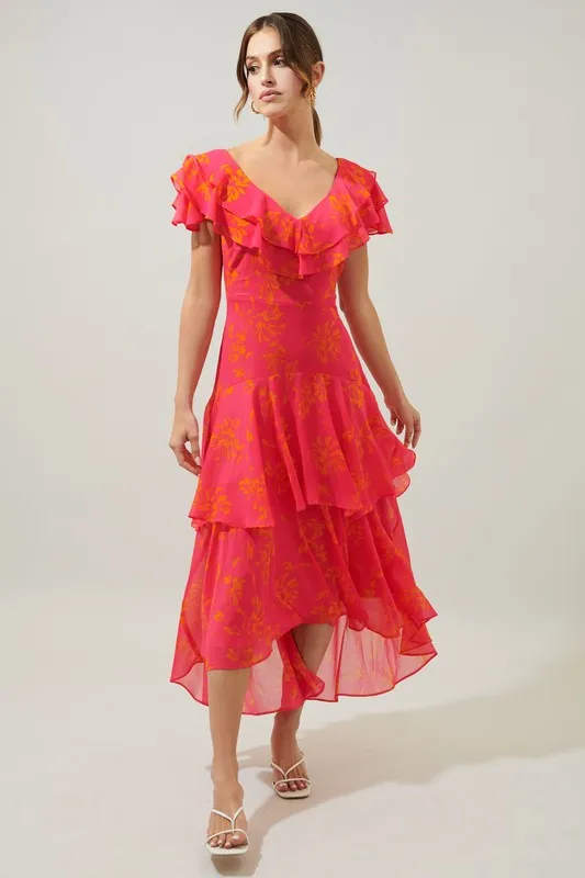Hot Pink W/ Orange Floral Ruffle Midi