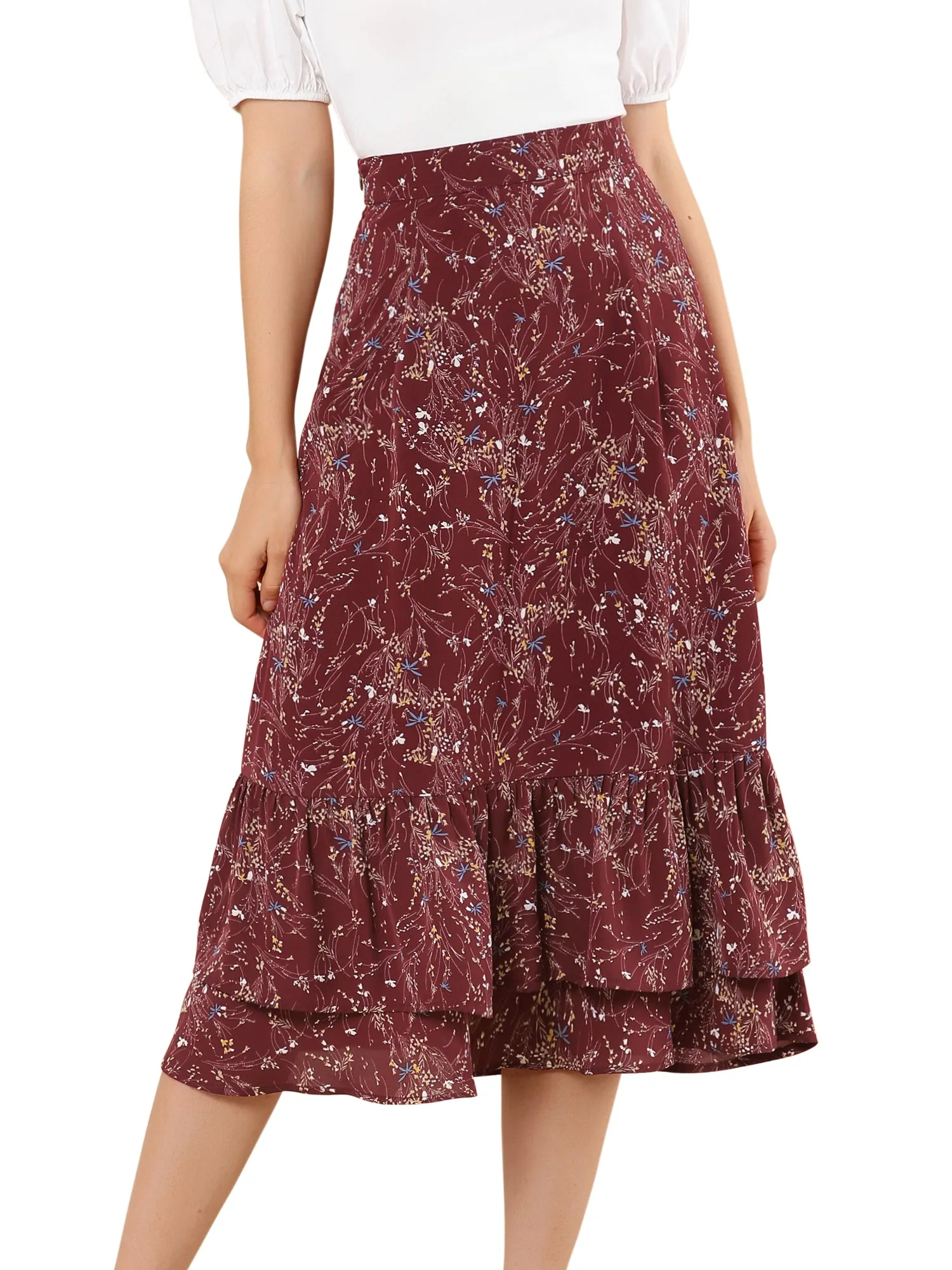 Printed Chiffon Elastic Waist Ruffle Tiered Flowy Midi Skirt