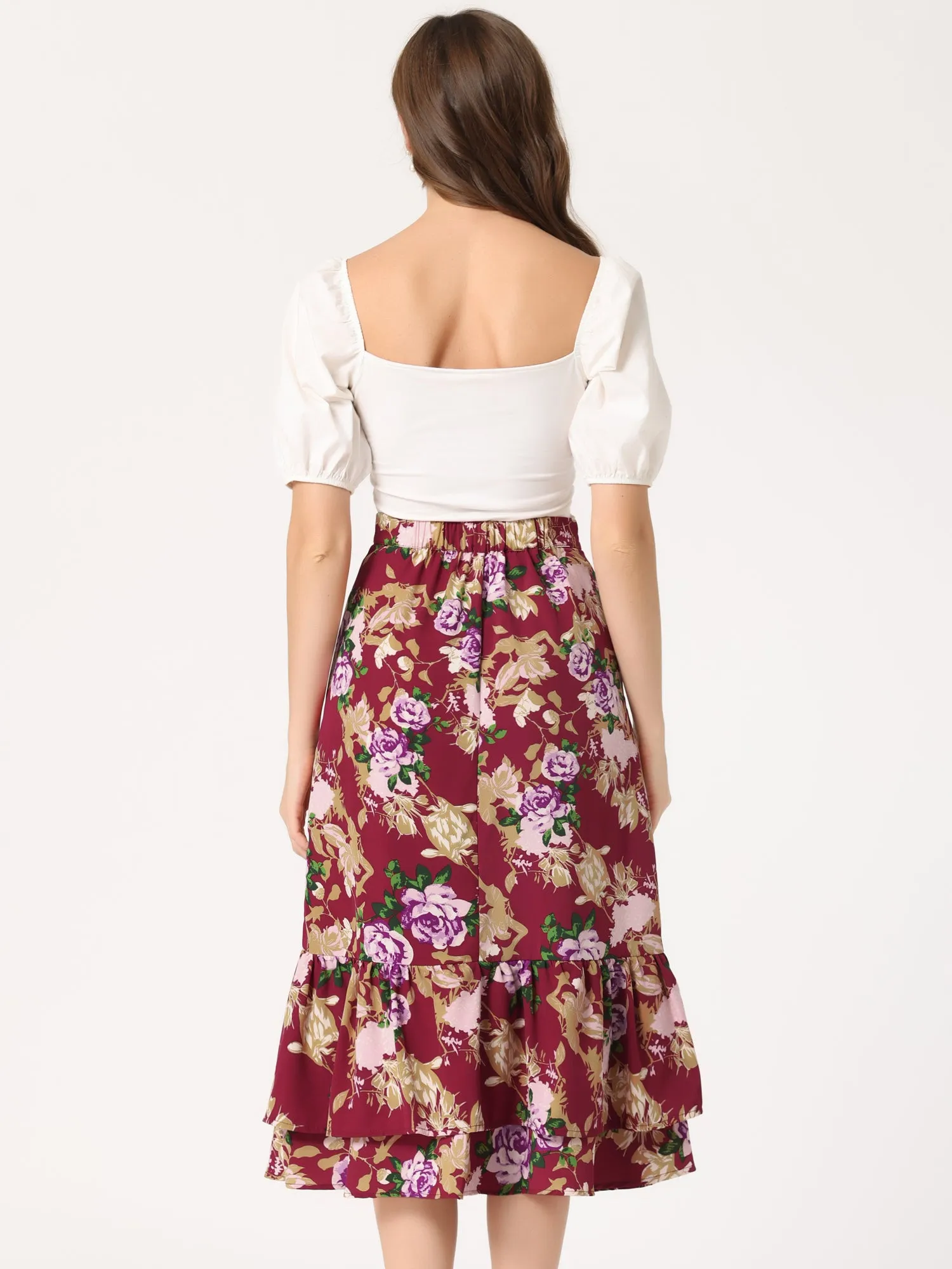 Printed Chiffon Elastic Waist Ruffle Tiered Flowy Midi Skirt